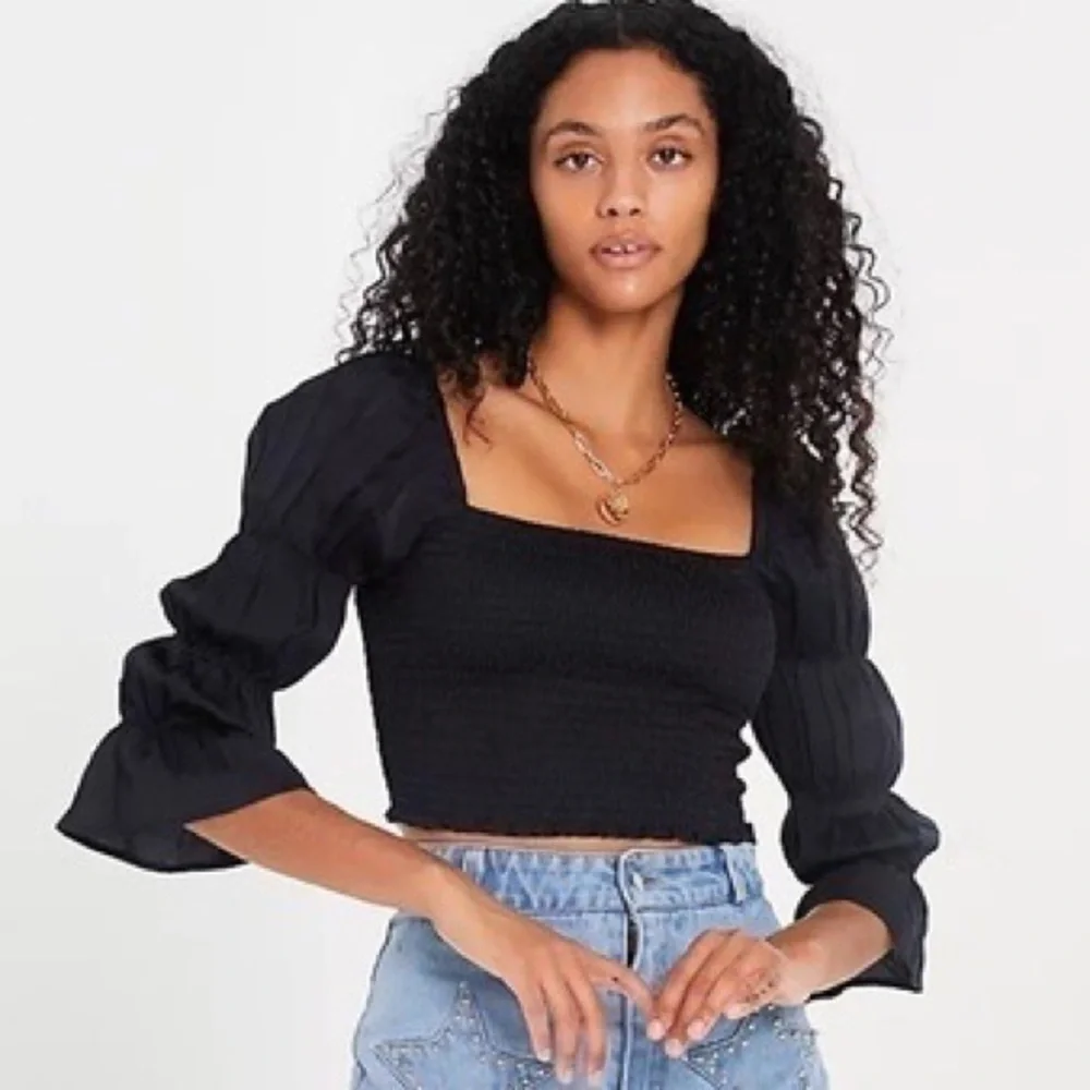 Free People So Shirred Smocked Crop Top Puff Sleeve